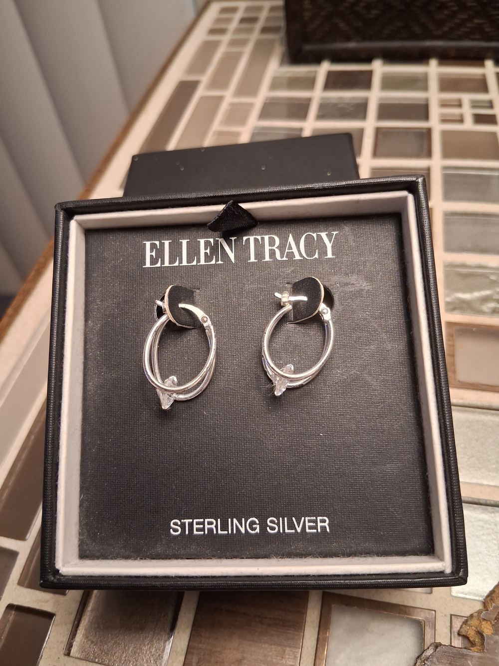 Ellen Tracy Silver Double Hoop Drop Earrings